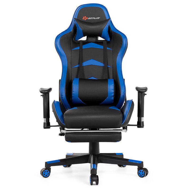 Costway Faux Leather Swivel Massage Gaming Chair with Footrest in Blue