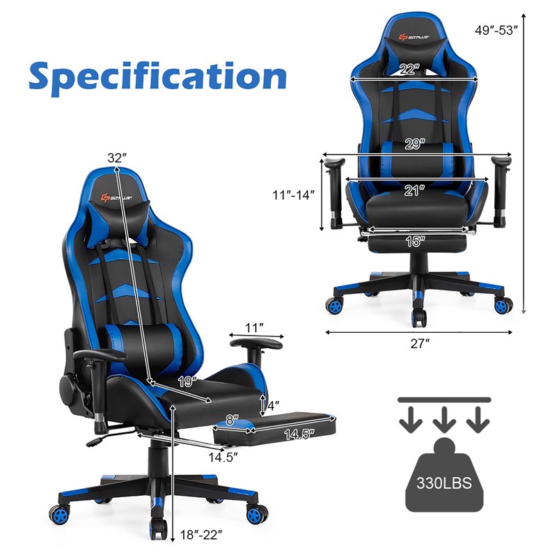 Costway Faux Leather Swivel Massage Gaming Chair with Footrest in Blue Finish