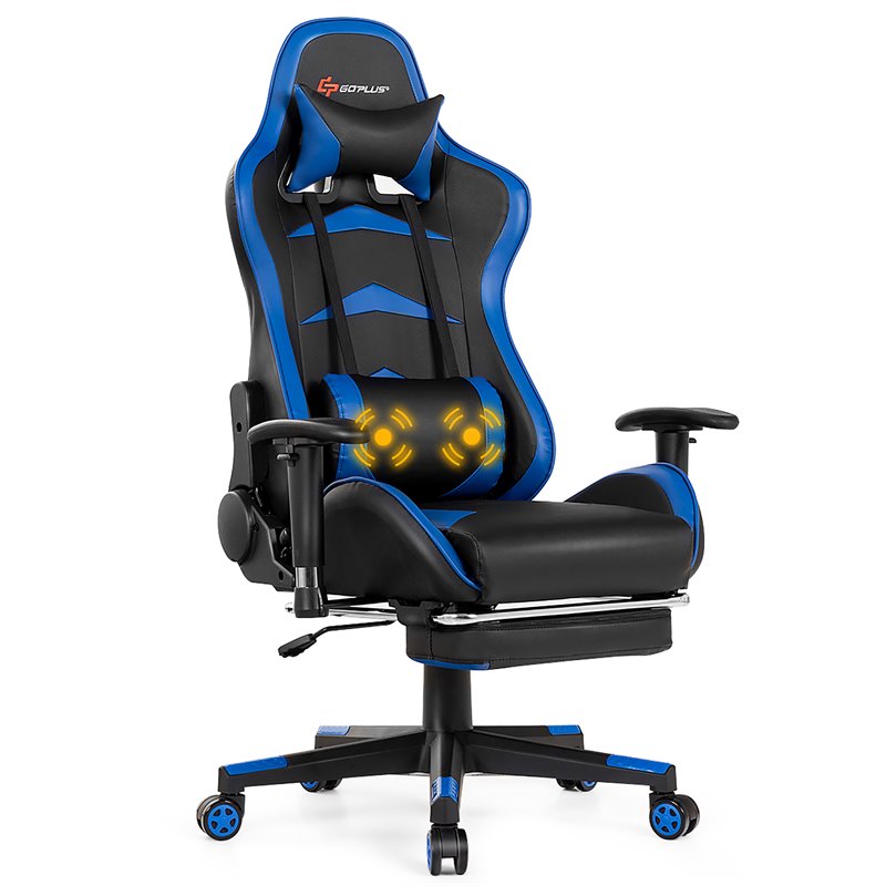 Costway Faux Leather Swivel Massage Gaming Chair with Footrest in Blue Finish