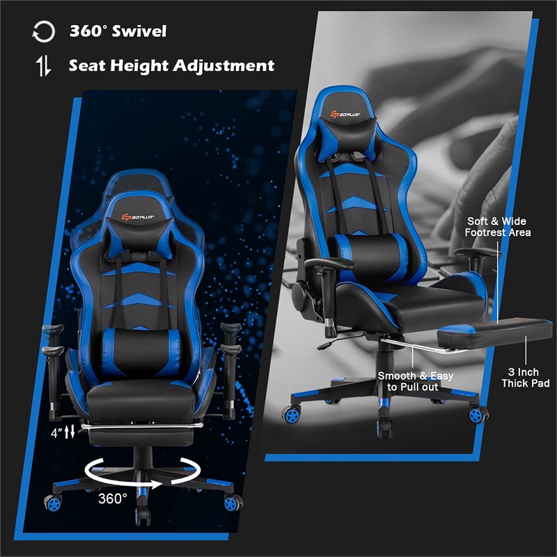 Costway Faux Leather Swivel Massage Gaming Chair with Footrest in Blue Finish