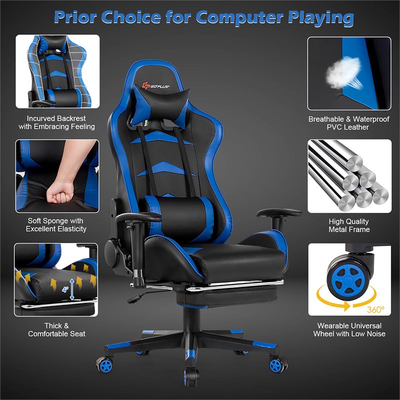 Costway Faux Leather Swivel Massage Gaming Chair with Footrest in Blue Finish