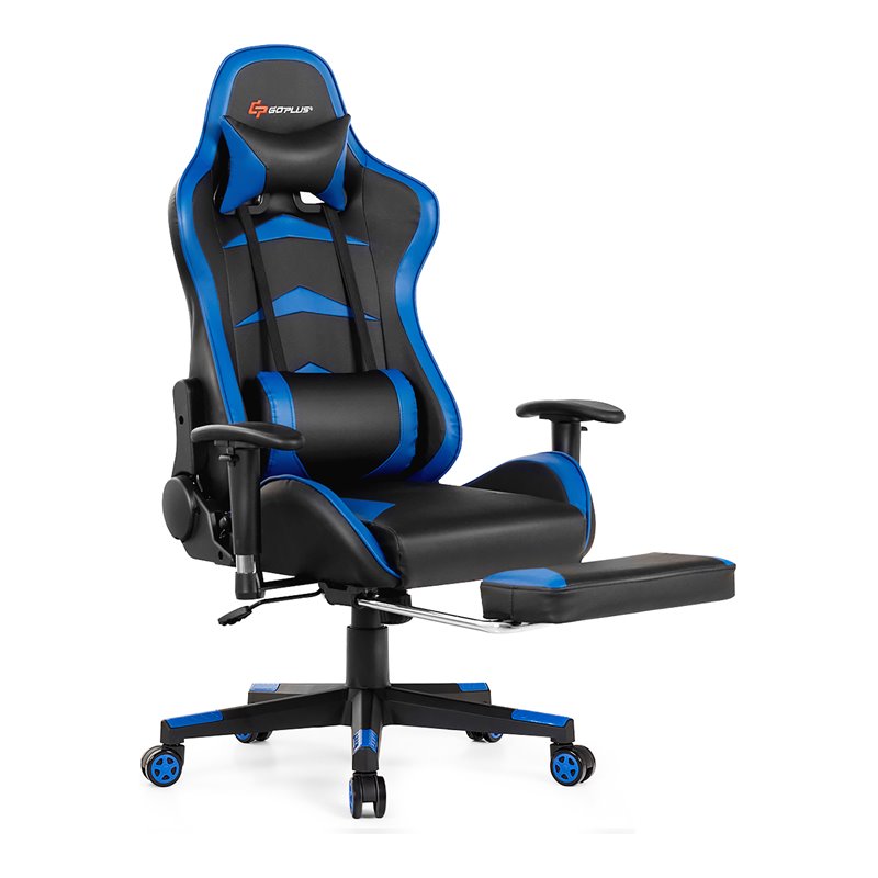 Costway Faux Leather Swivel Massage Gaming Chair with Footrest in Blue Finish