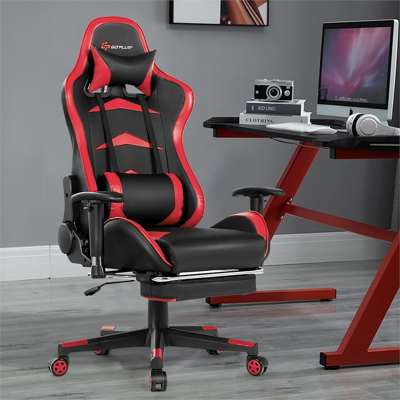 Costway Faux Leather Swivel Massage Gaming Chair with Footrest in Red