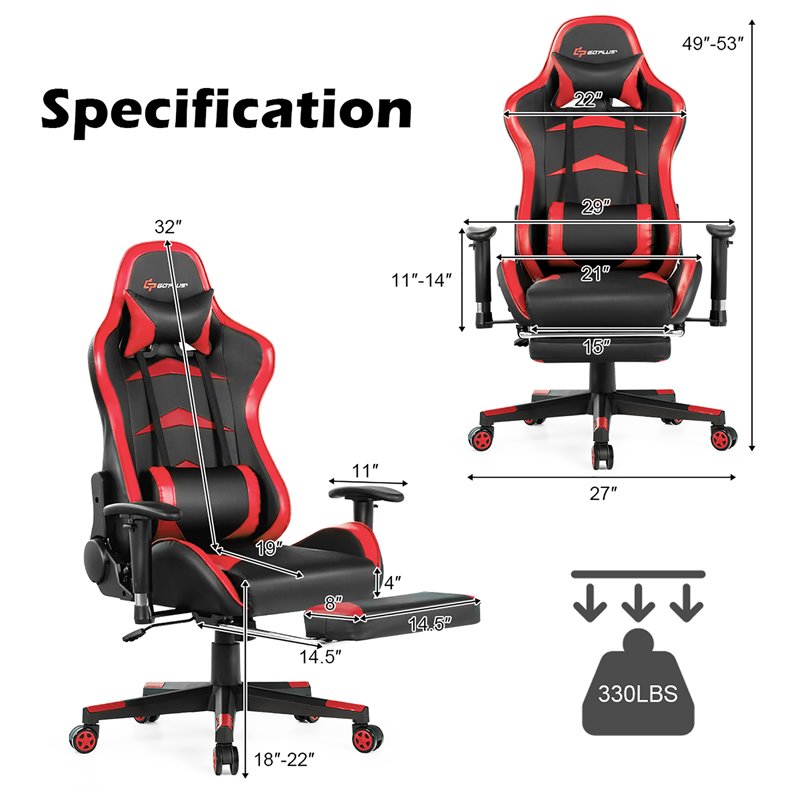Costway Faux Leather Swivel Massage Gaming Chair with Footrest in Red