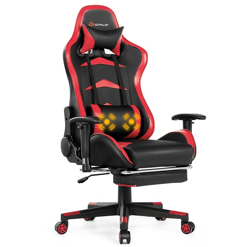 Costway Faux Leather Swivel Massage Gaming Chair with Footrest in Red