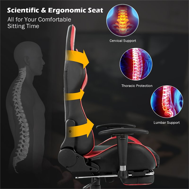 Costway Faux Leather Swivel Massage Gaming Chair with Footrest in Red