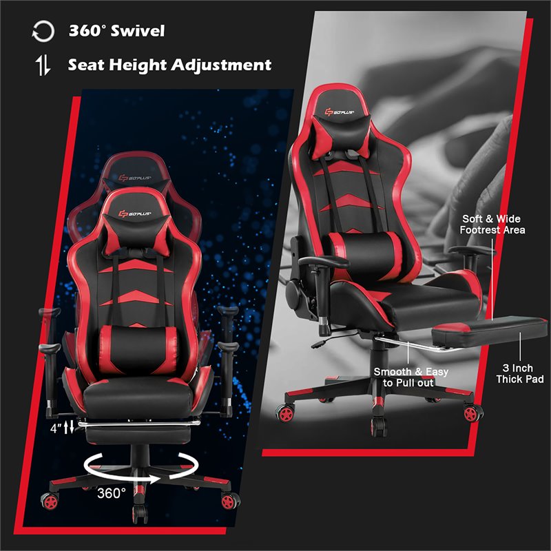Costway Faux Leather Swivel Massage Gaming Chair with Footrest in Red