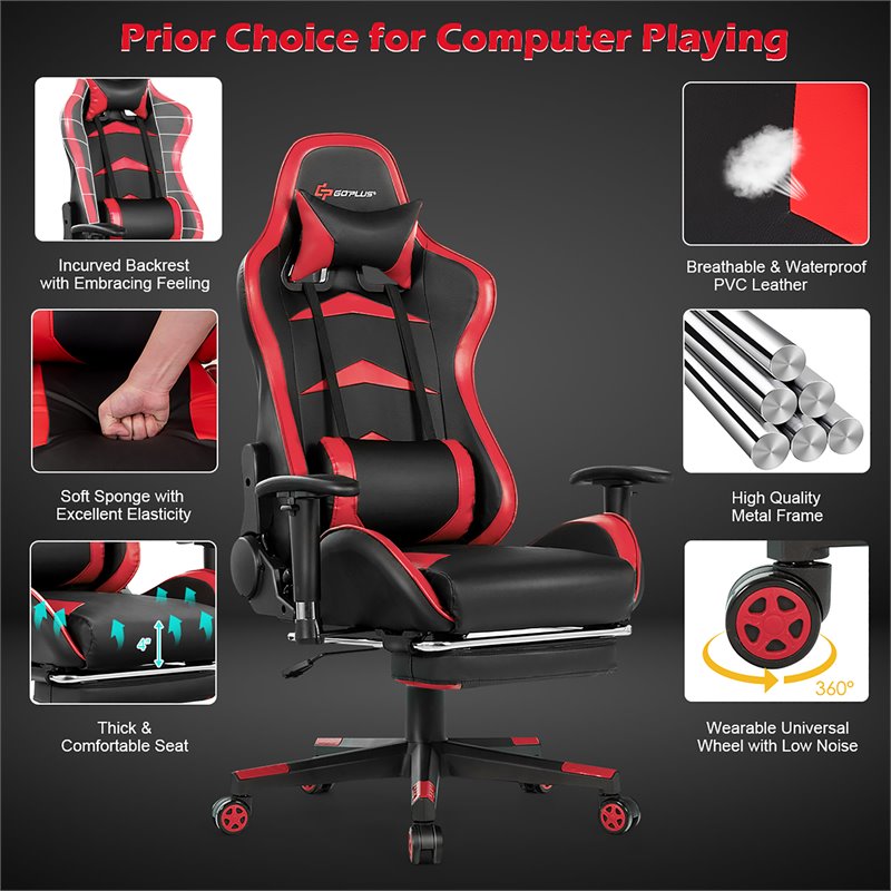 Costway Faux Leather Swivel Massage Gaming Chair with Footrest in Red