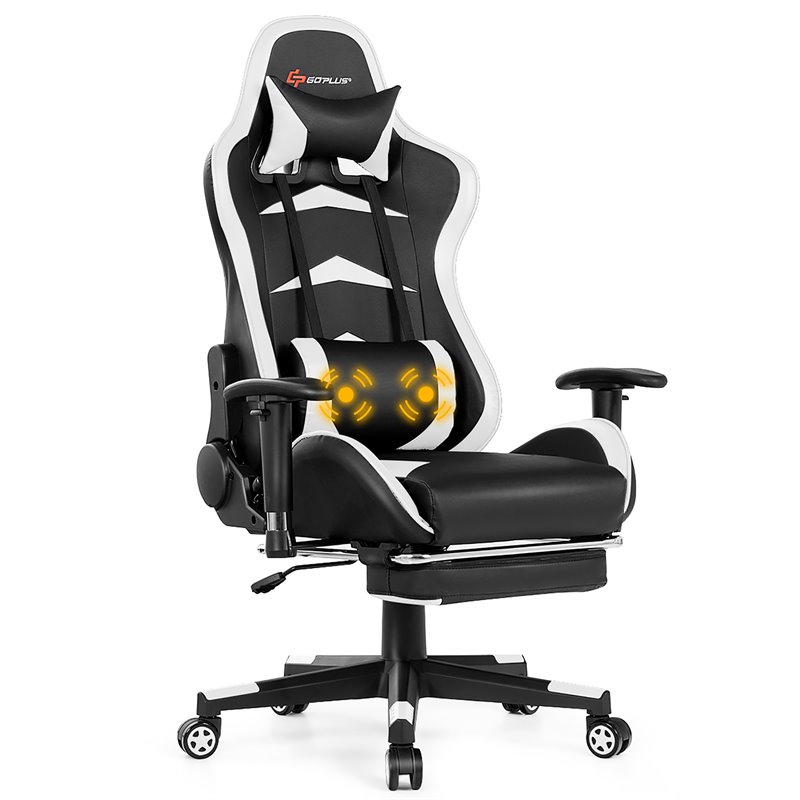 Costway Faux Leather Swivel Massage Gaming Chair with Footrest in White
