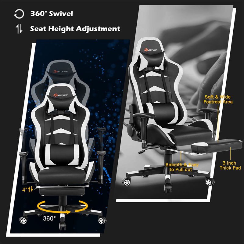 Costway Faux Leather Swivel Massage Gaming Chair with Footrest in White