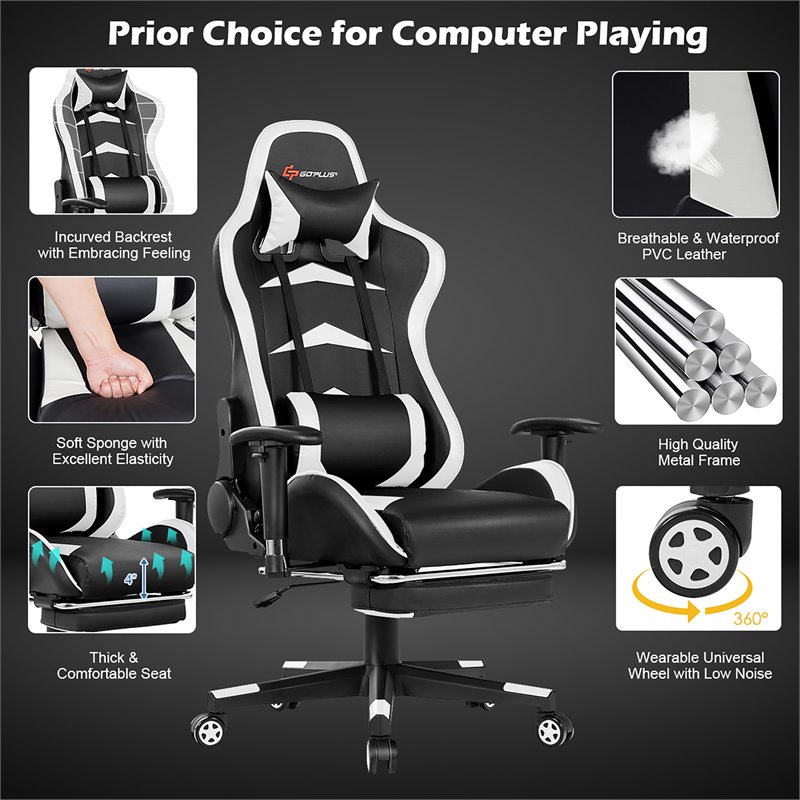 Costway Faux Leather Swivel Massage Gaming Chair with Footrest in White