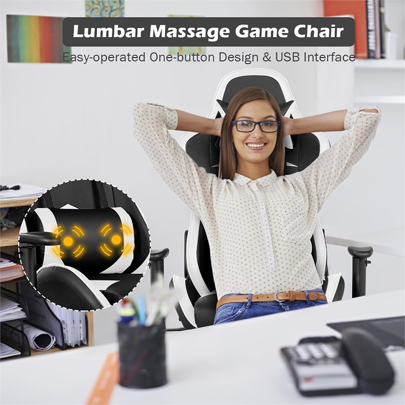 Costway Faux Leather Swivel Massage Gaming Chair with Footrest in White