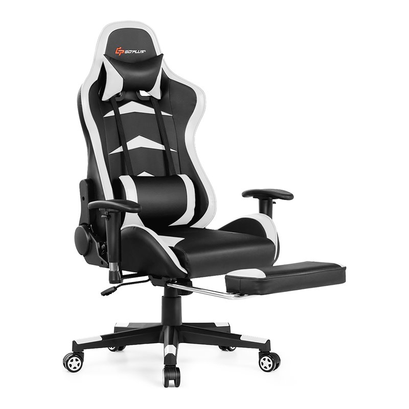 Costway Faux Leather Swivel Massage Gaming Chair with Footrest in White