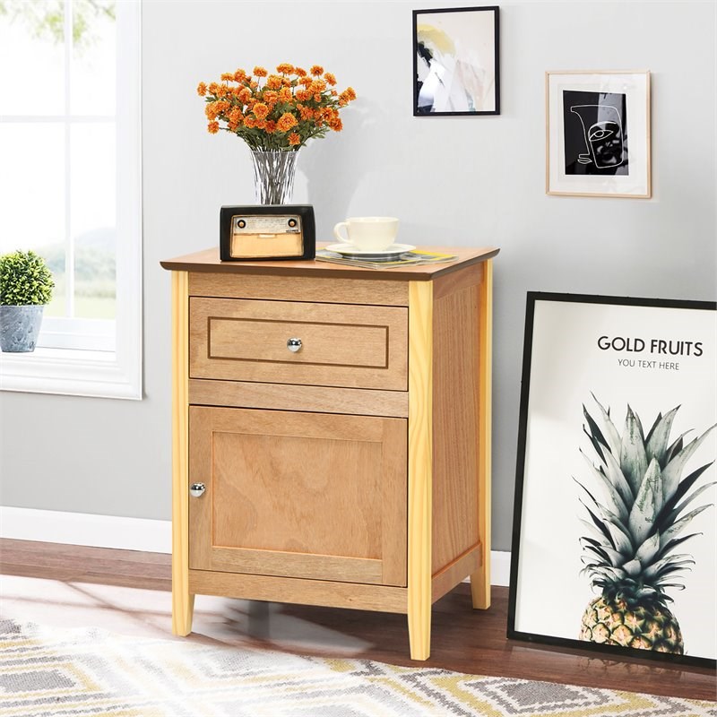Costway Contemporary MDF and Pine Wood Nightstand with Drawer in Natural