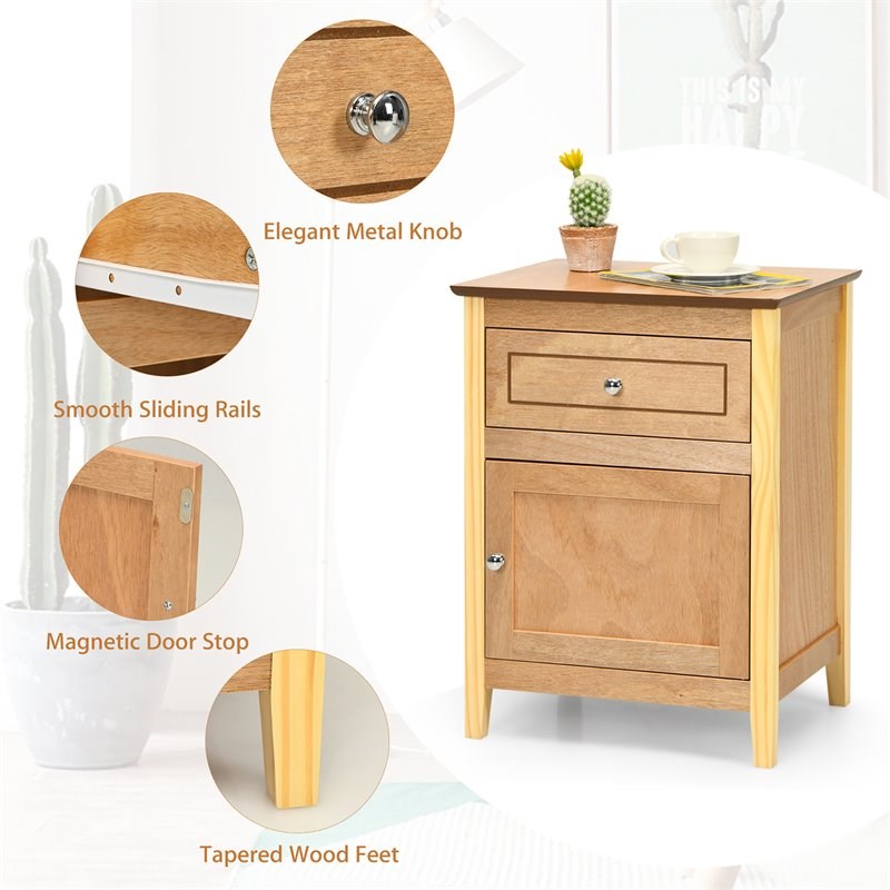 Costway Contemporary MDF and Pine Wood Nightstand with Drawer in Natural