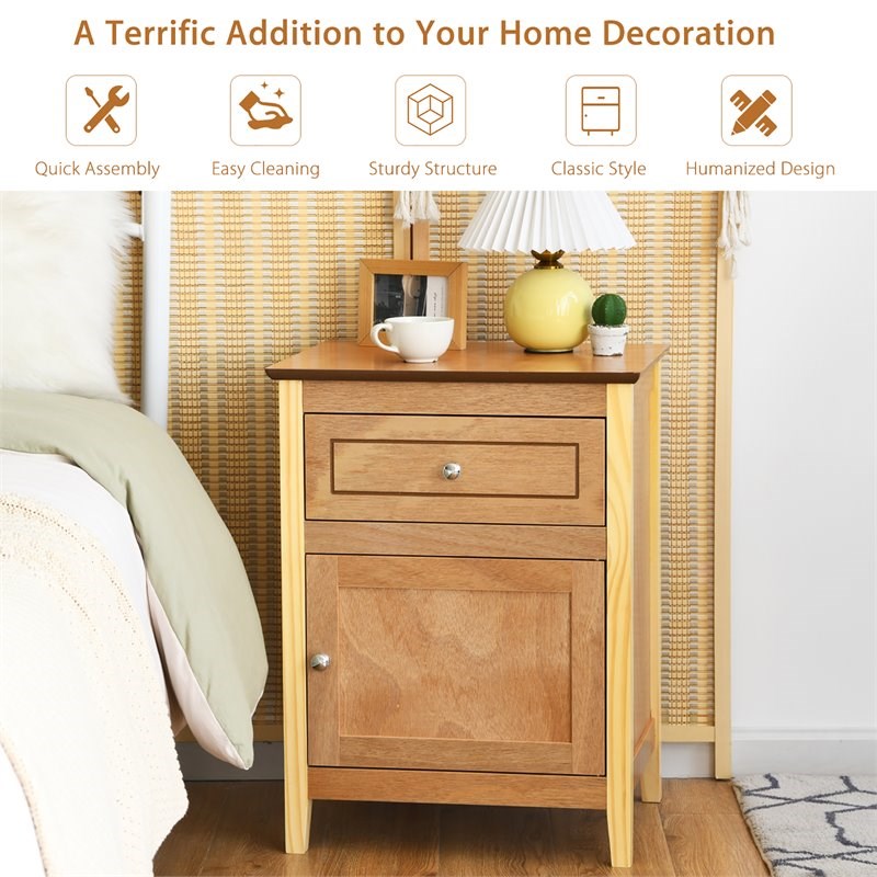 Costway Contemporary MDF and Pine Wood Nightstand with Drawer in Natural