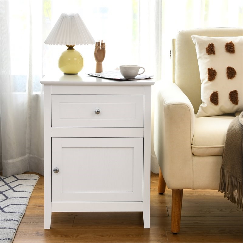 Costway Contemporary MDF and Pine Wood Nightstand with Drawer in White