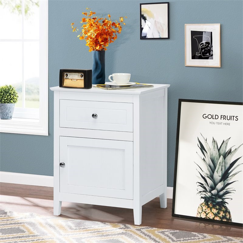 Costway Contemporary MDF and Pine Wood Nightstand with Drawer in White
