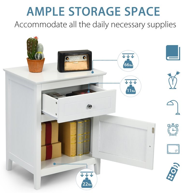 Costway Contemporary MDF and Pine Wood Nightstand with Drawer in White