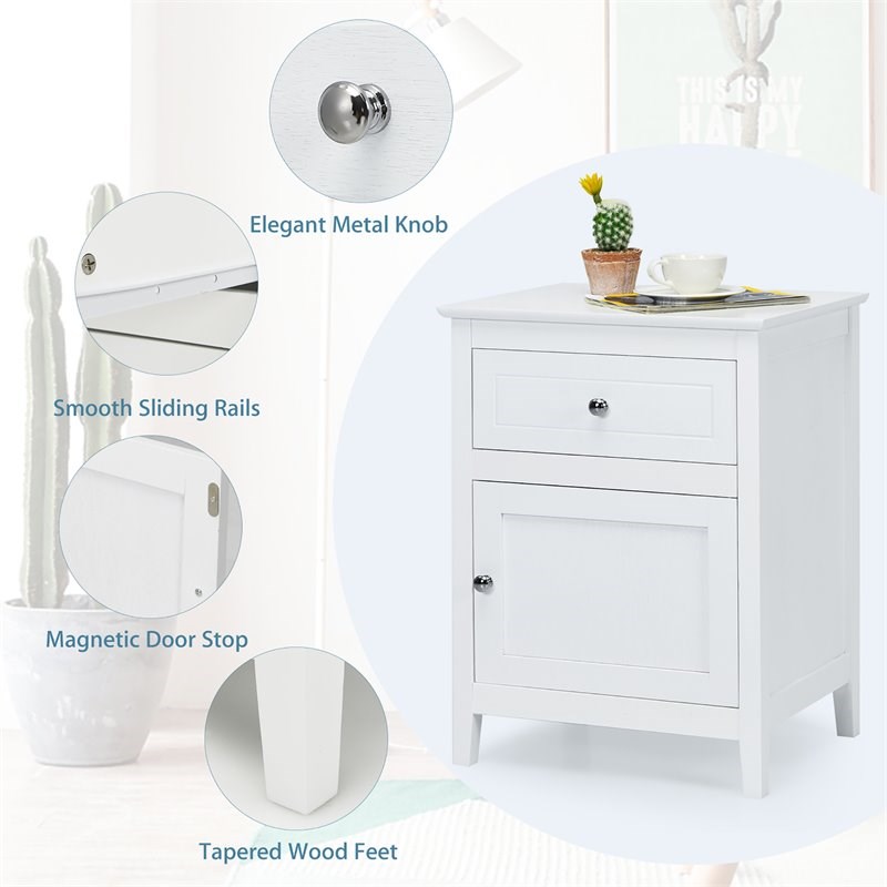 Costway Contemporary MDF and Pine Wood Nightstand with Drawer in White