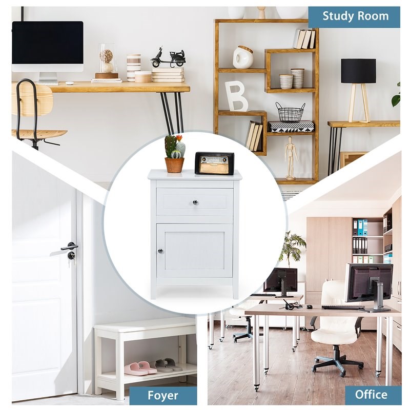 Costway Contemporary MDF and Pine Wood Nightstand with Drawer in White