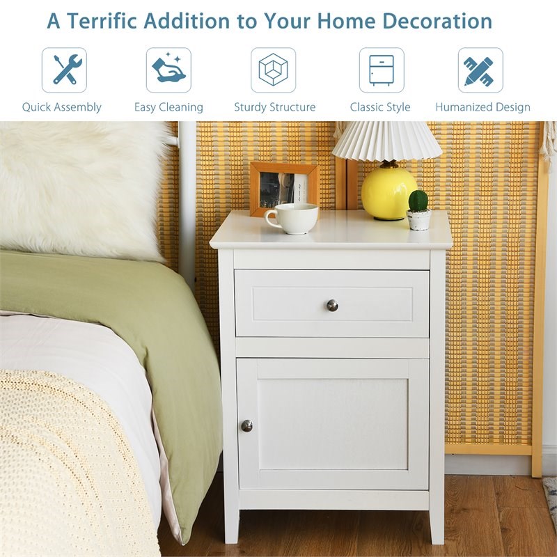 Costway Contemporary MDF and Pine Wood Nightstand with Drawer in White