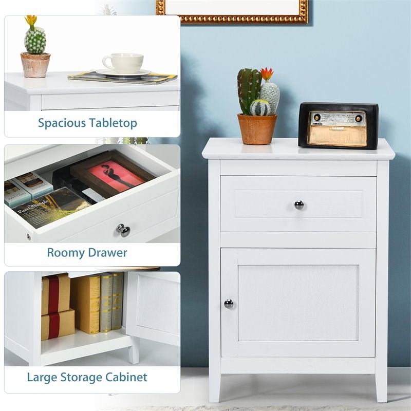 Costway Contemporary MDF and Pine Wood Nightstand with Drawer in White