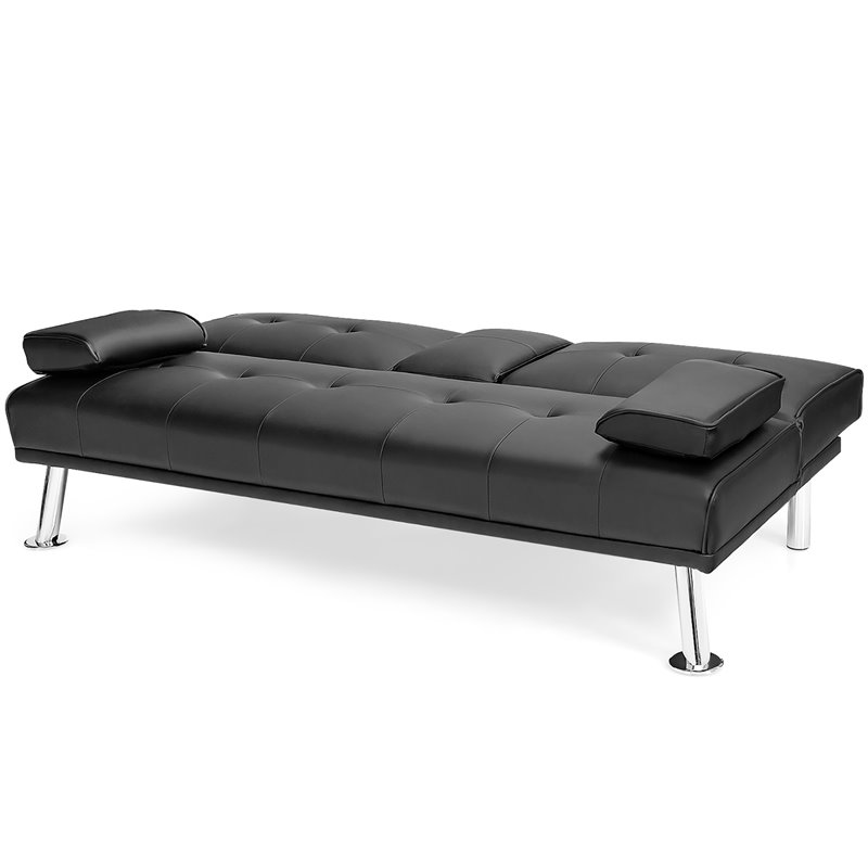 Costway Cup Holders/Armrests Leather Convertible Folding Futon Sofa Bed in Black