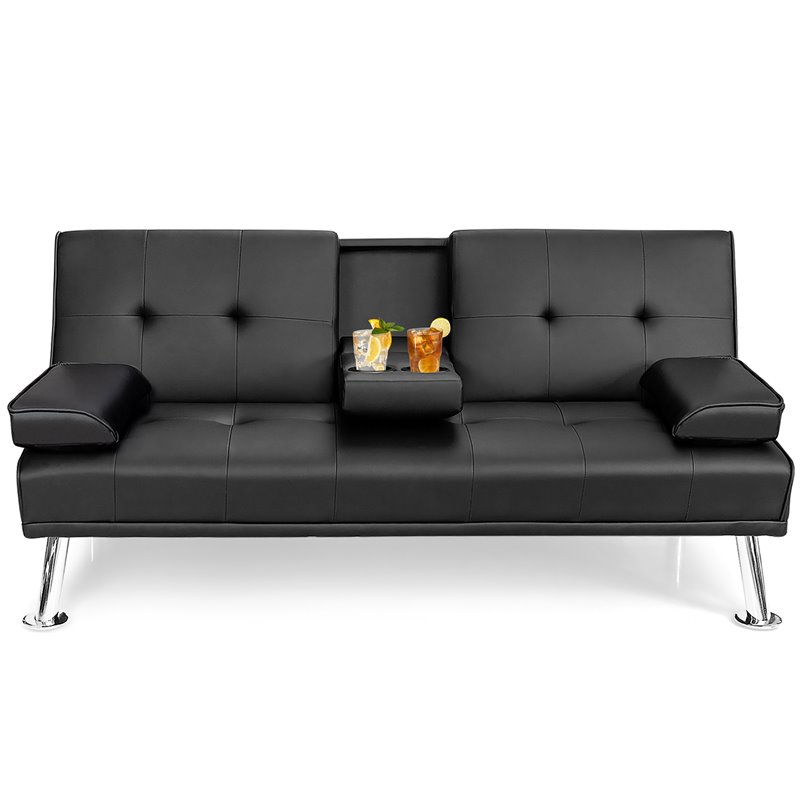 Costway Cup Holders/Armrests Leather Convertible Folding Futon Sofa Bed in Black