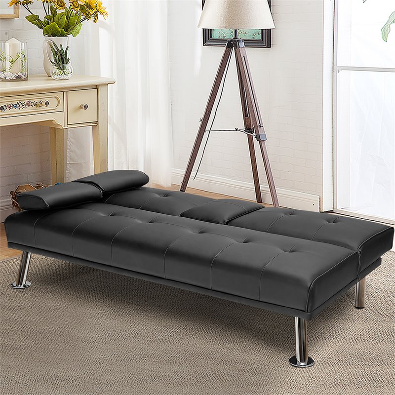 Costway Cup Holders/Armrests Leather Convertible Folding Futon Sofa Bed in Black