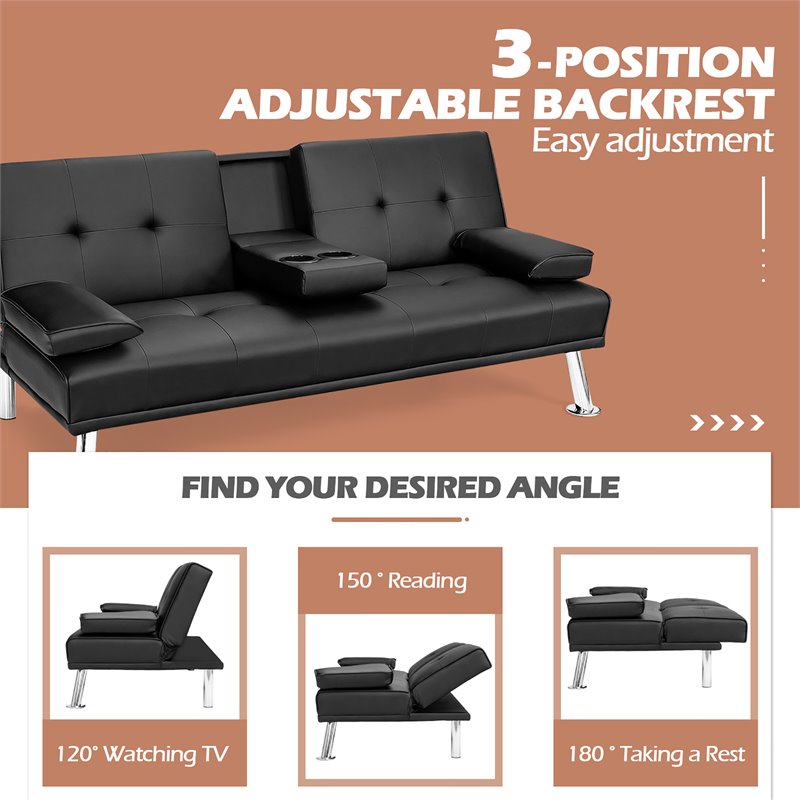 Costway Cup Holders/Armrests Leather Convertible Folding Futon Sofa Bed in Black