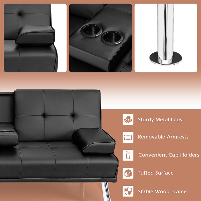 Costway Cup Holders/Armrests Leather Convertible Folding Futon Sofa Bed in Black