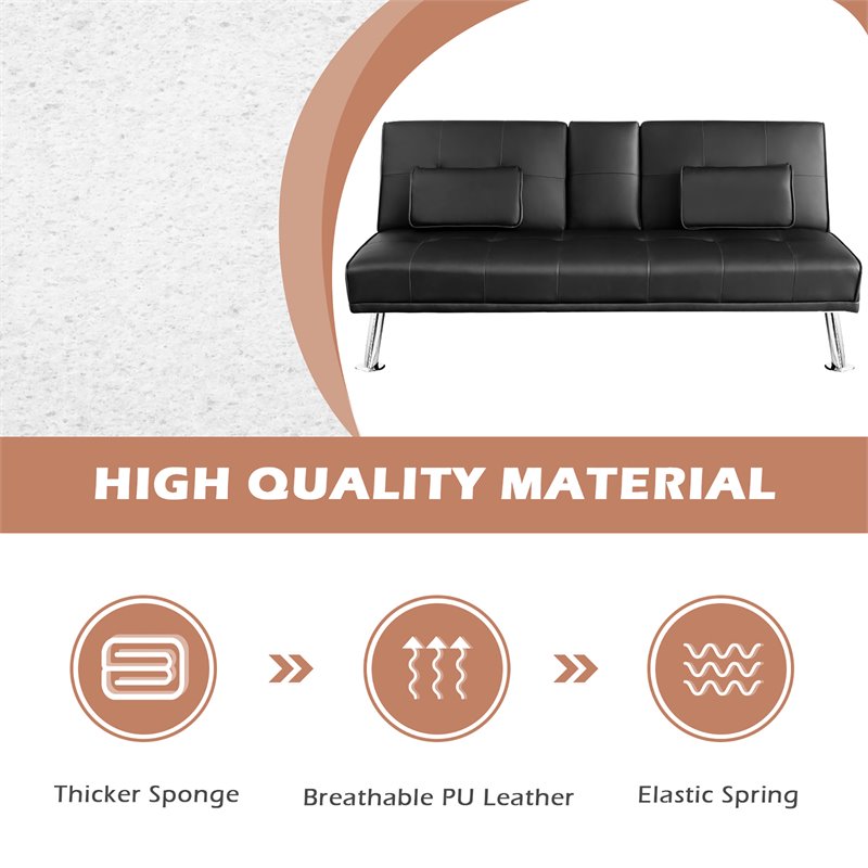 Costway Cup Holders/Armrests Leather Convertible Folding Futon Sofa Bed in Black