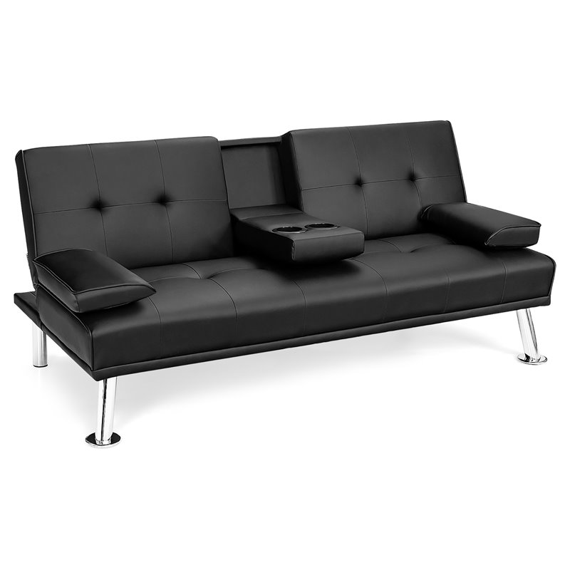 Costway Cup Holders/Armrests Leather Convertible Folding Futon Sofa Bed in Black