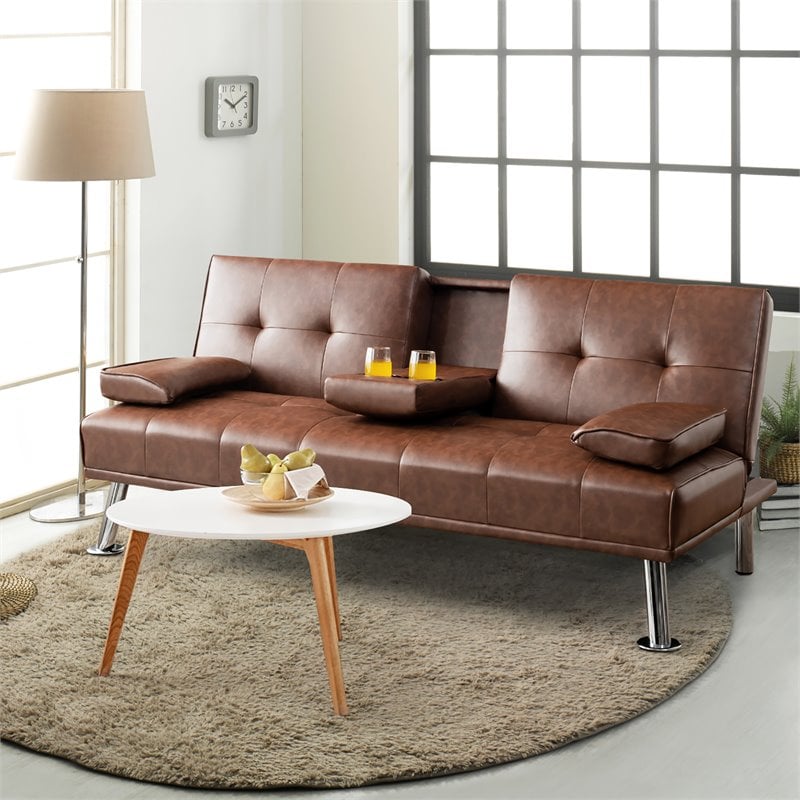 Costway Cup Holders/Armrests Leather Convertible Folding Futon Sofa Bed in Brown