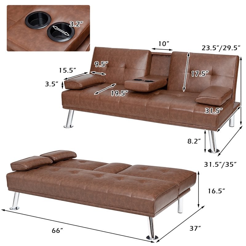 Costway Cup Holders/Armrests Leather Convertible Folding Futon Sofa Bed in Brown