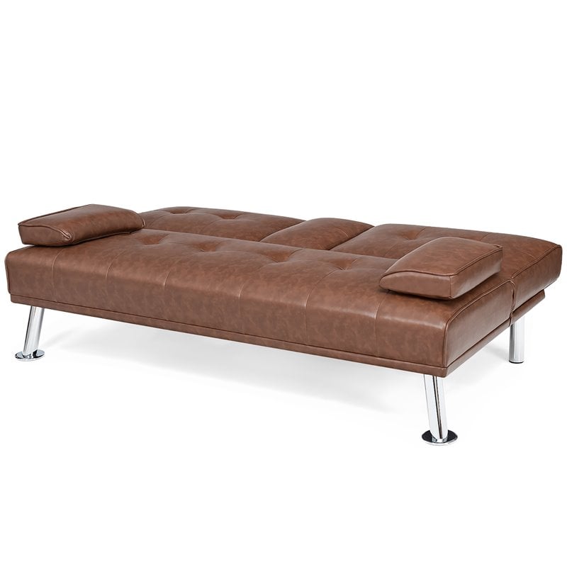 Costway Cup Holders/Armrests Leather Convertible Folding Futon Sofa Bed in Brown