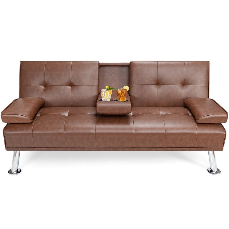 Costway Cup Holders/Armrests Leather Convertible Folding Futon Sofa Bed in Brown