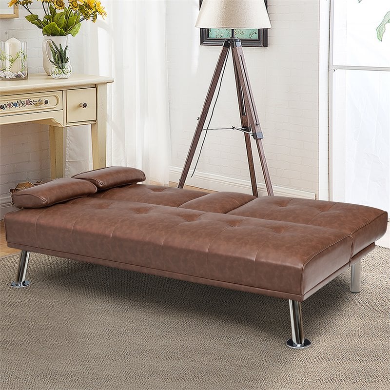 Costway Cup Holders/Armrests Leather Convertible Folding Futon Sofa Bed in Brown