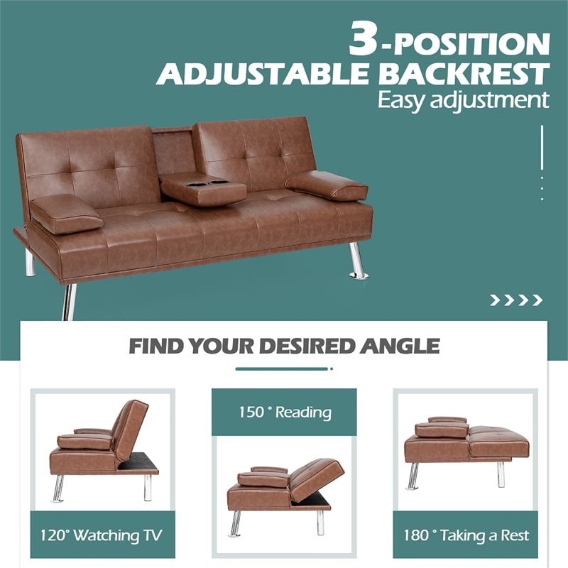 Costway Cup Holders/Armrests Leather Convertible Folding Futon Sofa Bed in Brown