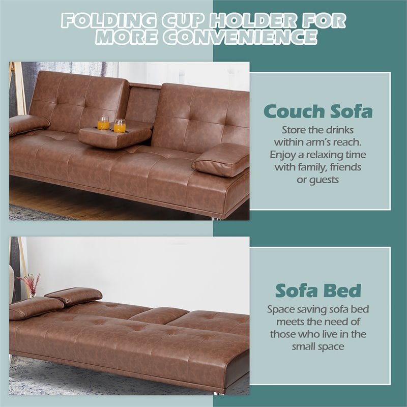 Costway Cup Holders/Armrests Leather Convertible Folding Futon Sofa Bed in Brown