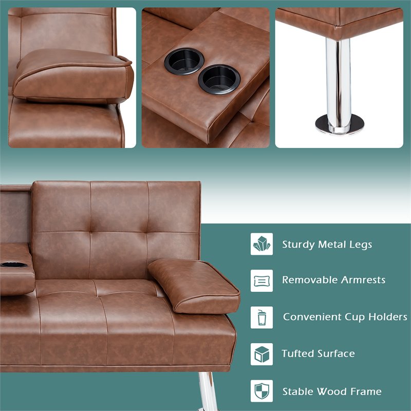 Costway Cup Holders/Armrests Leather Convertible Folding Futon Sofa Bed in Brown