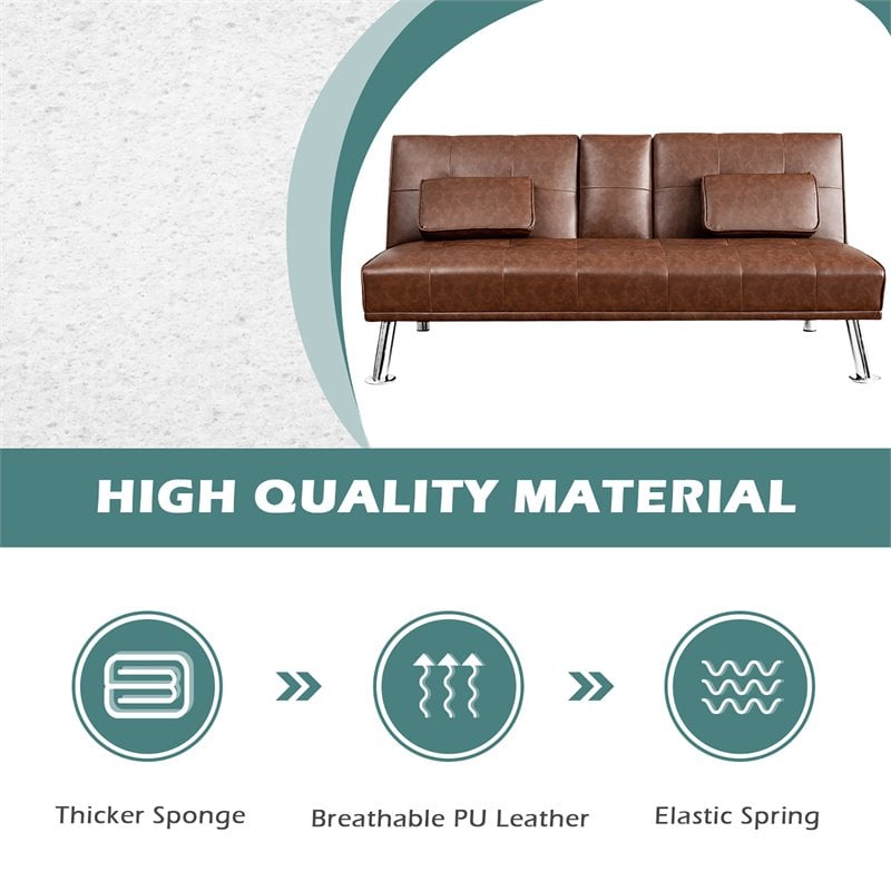 Costway Cup Holders/Armrests Leather Convertible Folding Futon Sofa Bed in Brown
