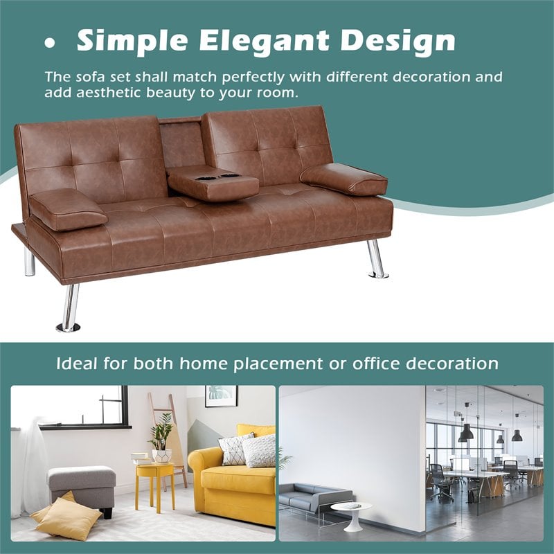 Costway Cup Holders/Armrests Leather Convertible Folding Futon Sofa Bed in Brown