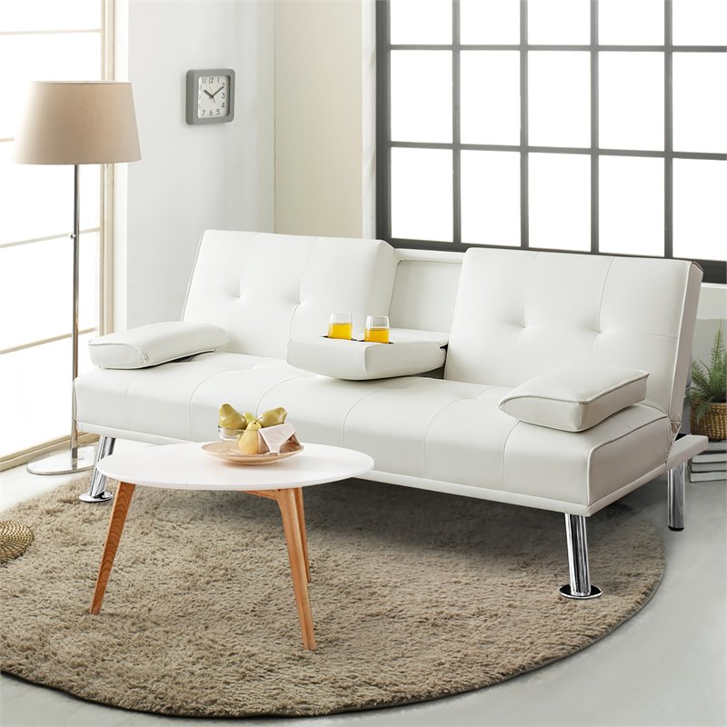Costway Cup Holders/Armrests Leather Convertible Folding Futon Sofa Bed in White