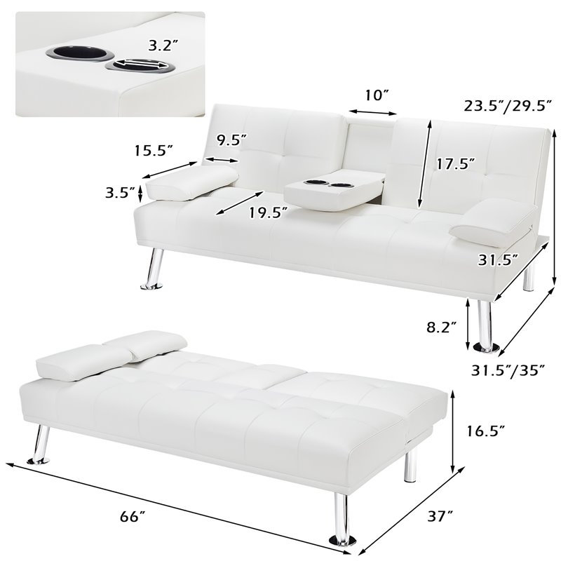 Costway Cup Holders/Armrests Leather Convertible Folding Futon Sofa Bed in White