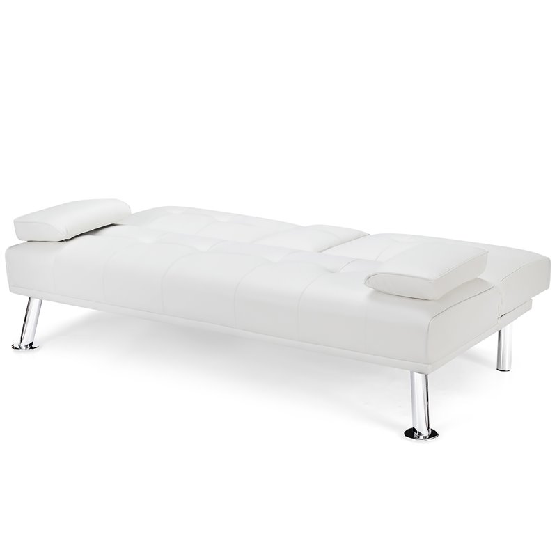 Costway Cup Holders/Armrests Leather Convertible Folding Futon Sofa Bed in White