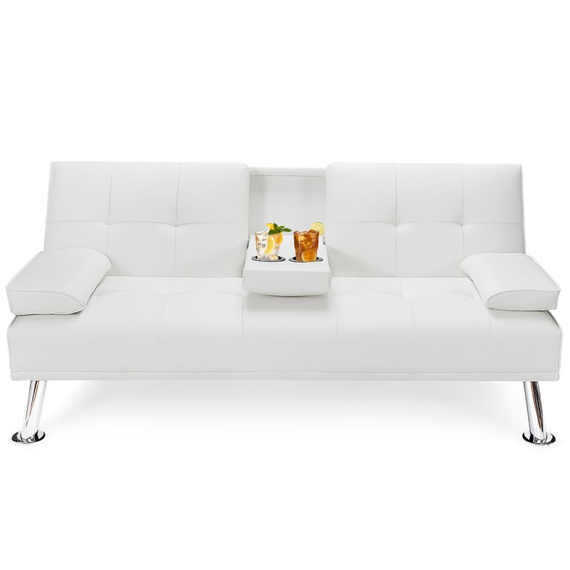Costway Cup Holders/Armrests Leather Convertible Folding Futon Sofa Bed in White