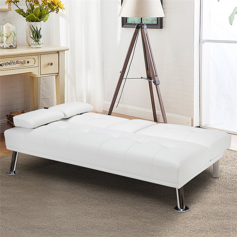 Costway Cup Holders/Armrests Leather Convertible Folding Futon Sofa Bed in White