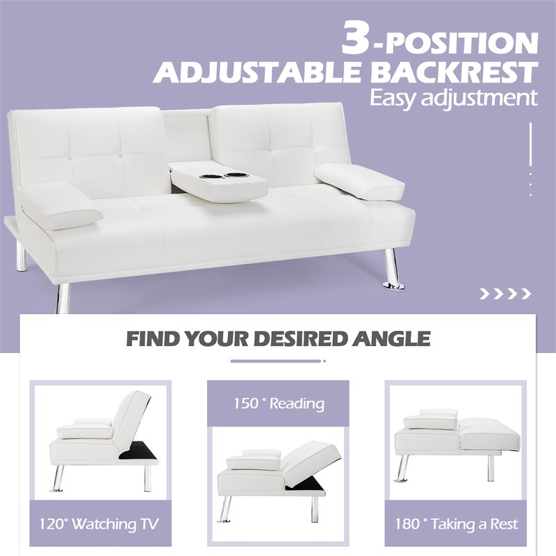 Costway Cup Holders/Armrests Leather Convertible Folding Futon Sofa Bed in White